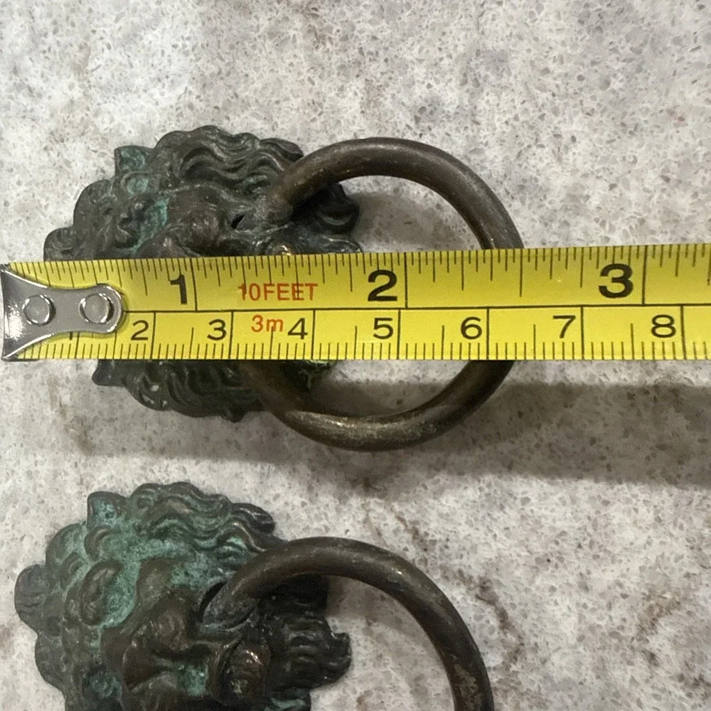 2 Vintage Brass Lion Head Dresser Chest Drawer Knob Cabinet Pull Patina 3D READ